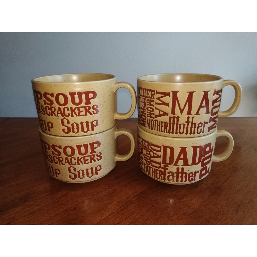 Lot 4x Vintage 1970’s Soup & Crackers Mom Dad Speckled Stoneware Mugs Japan Tan - Picture 15 of 15